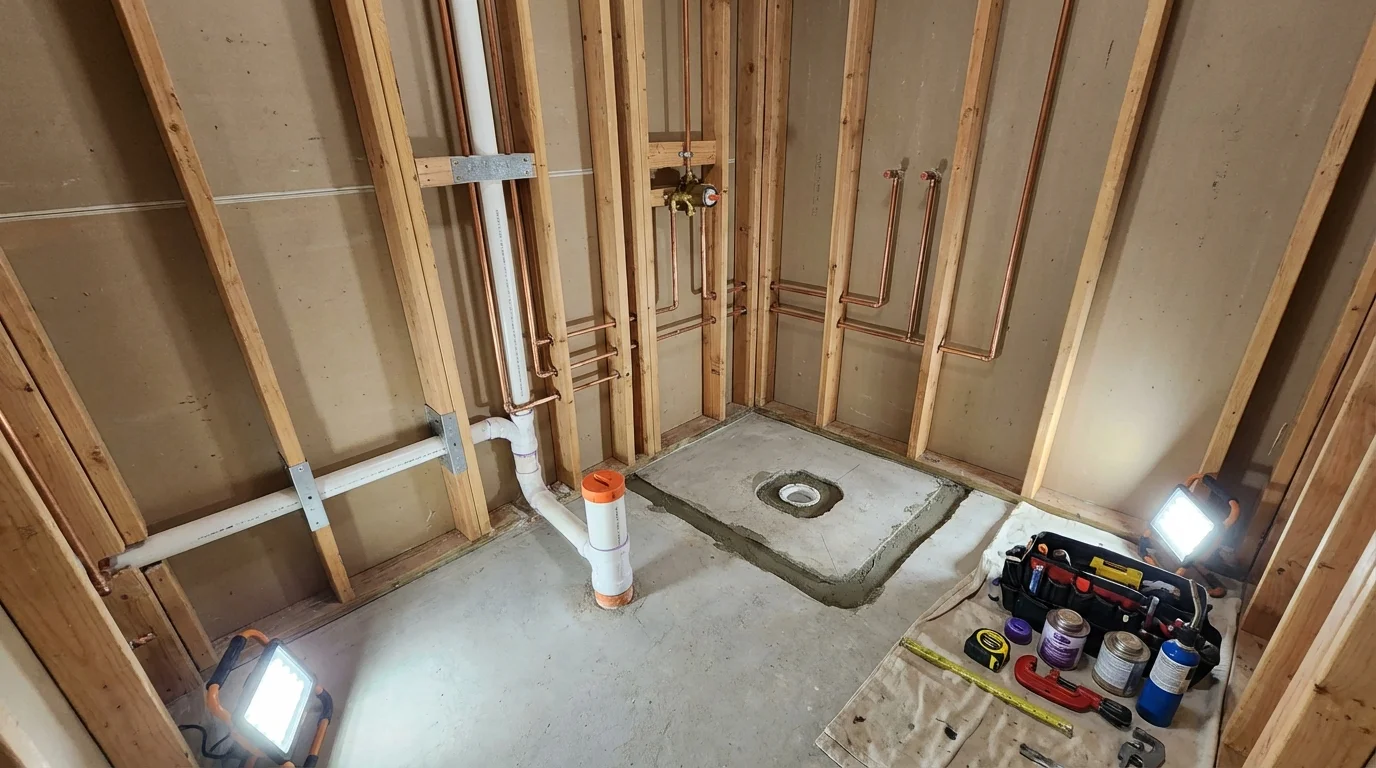 Bathroom rough-in plumbing during remodel by Johns Plumbing LLC in Millersburg