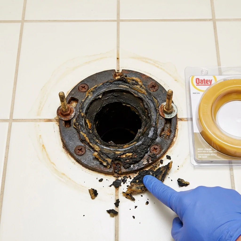 Failed wax ring showing water seepage at the base of a toilet in a Millersburg, OH home