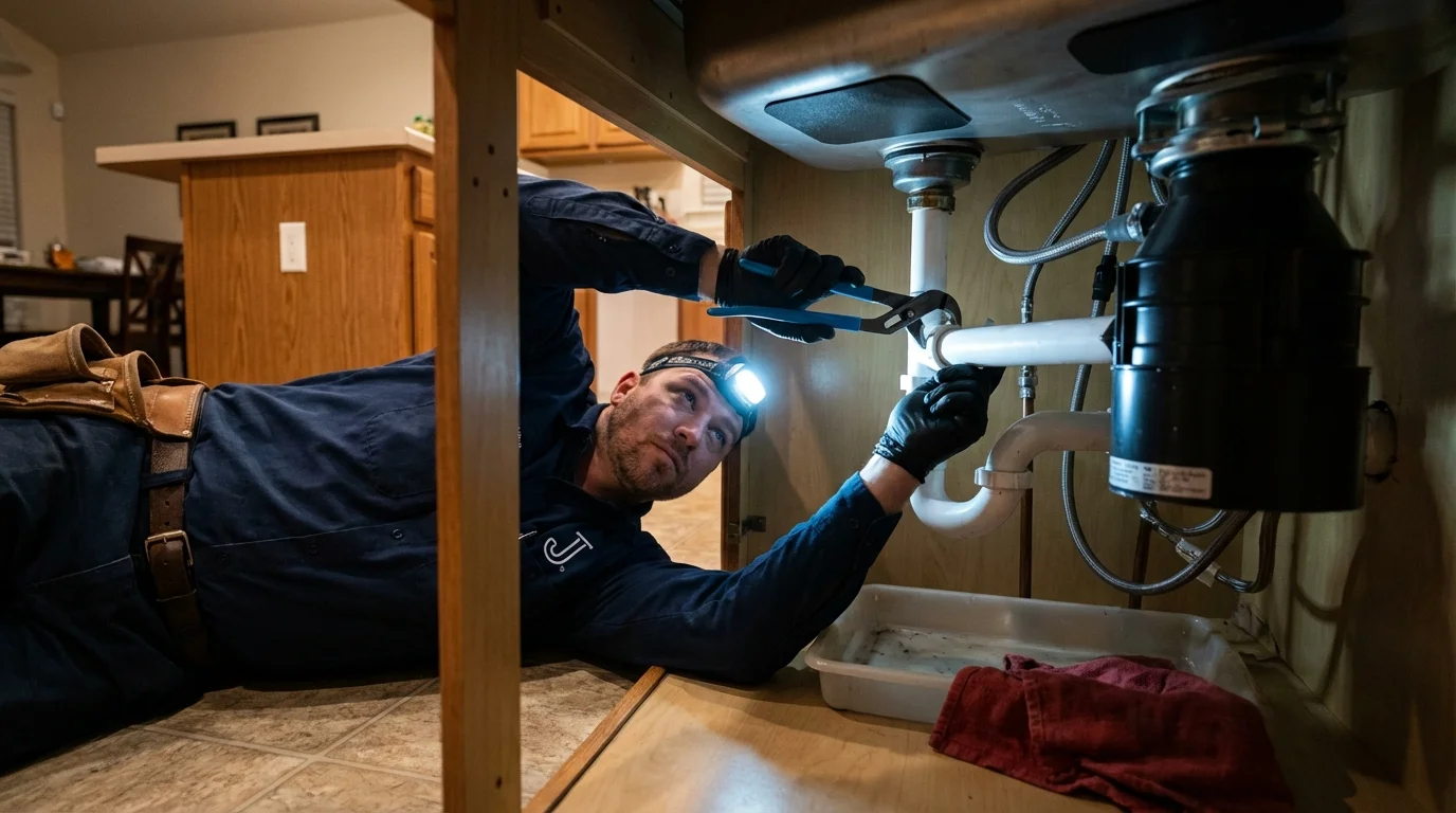 P-trap and supply line connections under a kitchen sink showing a common leak point in Millersburg, OH